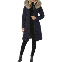 Hooded Long Puffer Coat with Faux Fur Trim