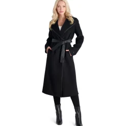 Juliette Wool Blend Double Face Faux Leather Trim Belted Coat