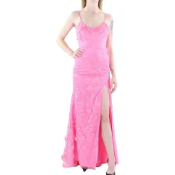 Juniors Applique Lace-Up Back Evening Dress