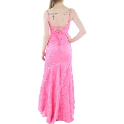 Juniors Applique Lace-Up Back Evening Dress
