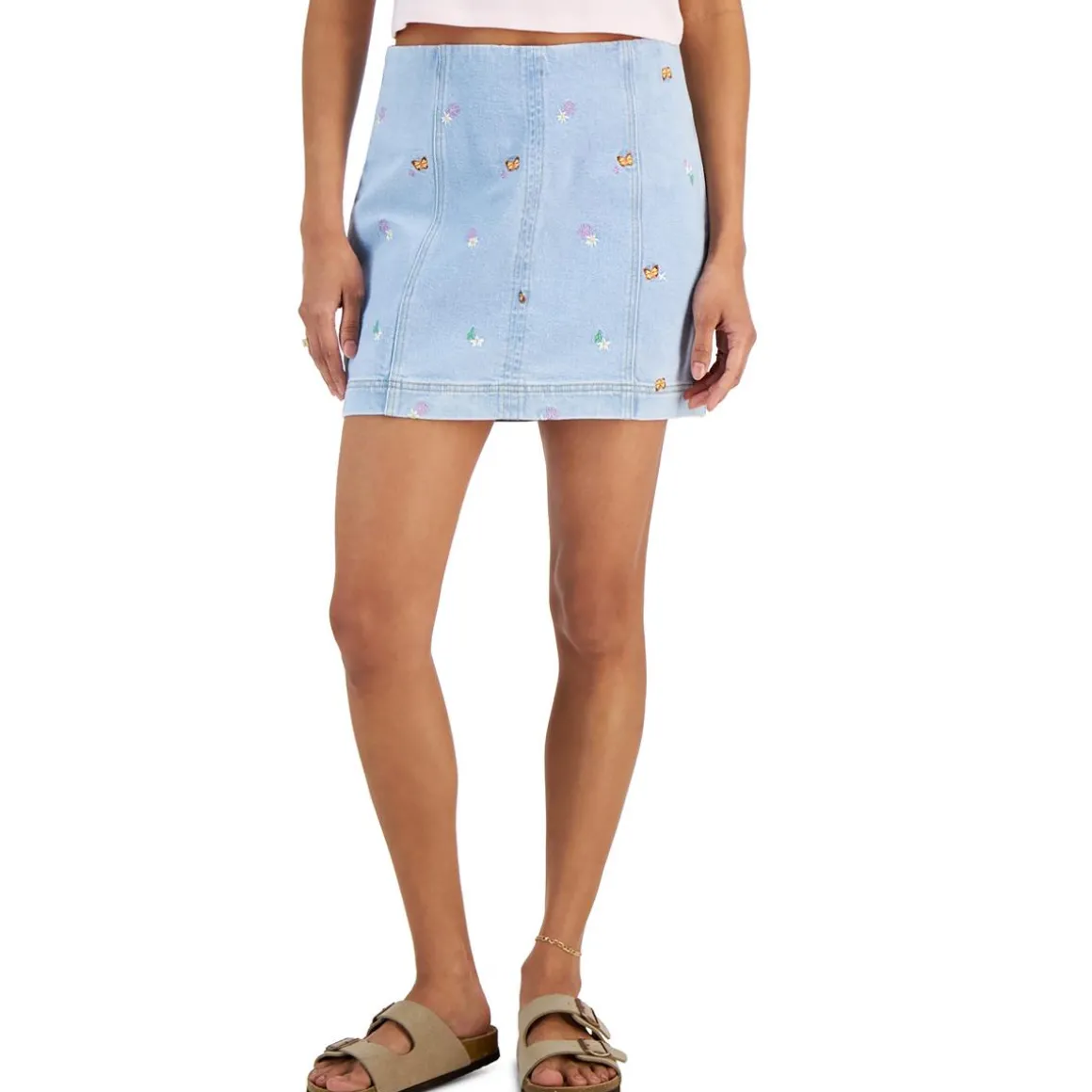 Juniors Embroidered Mini Denim Skirt