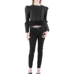 Juniors Feather Trim Long Sleeve Cropped