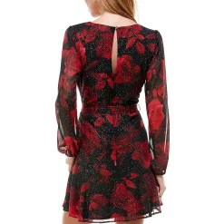 Juniors Floral Print Glitter Fit & Flare Dress