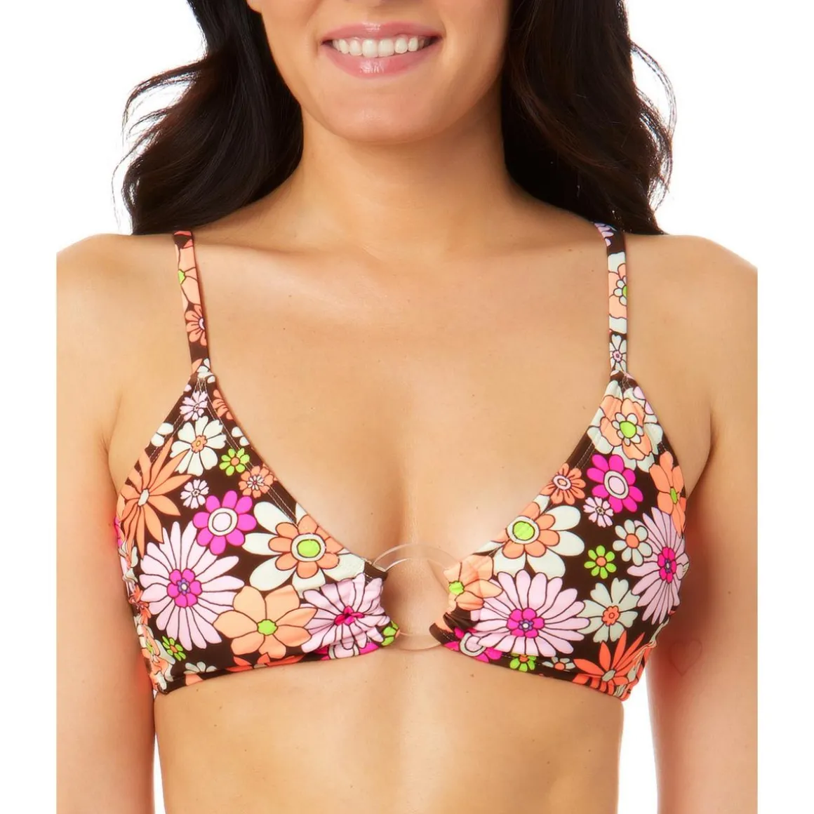 Juniors Floral Print O-Ring Bikini Swim top