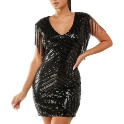 Juniors Fringe Trim Sequined Cocktail and Party Dress