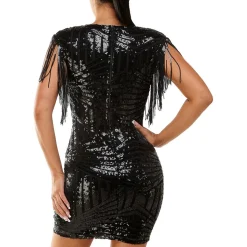 Juniors Fringe Trim Sequined Cocktail and Party Dress
