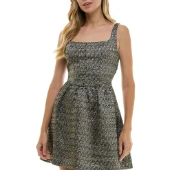 Juniors Metallic Square Neck Fit & Flare Dress