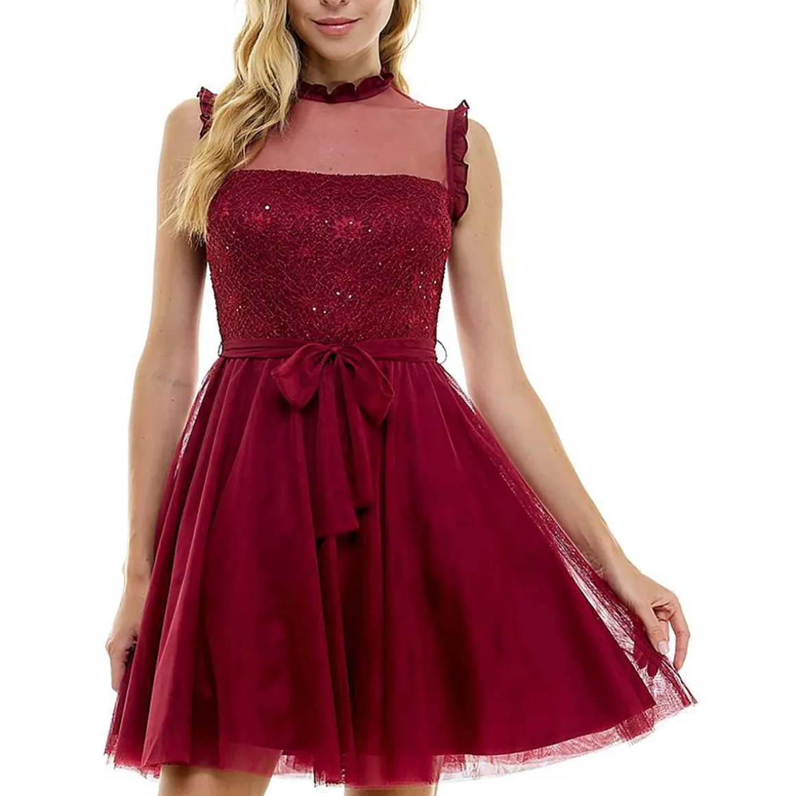 Juniors Ruffled Mesh Fit & Flare Dress
