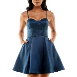 Juniors Satin Corset Seamed Fit & Flare Dress