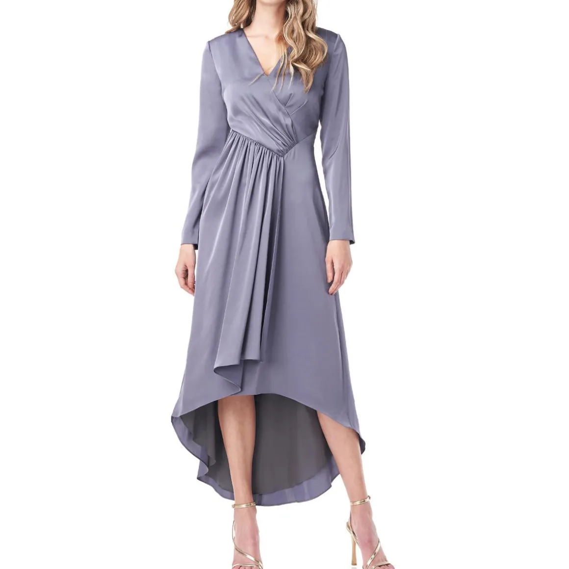 Kay Unger Helena Hi-Lo Gathered Charmeuse Long Sleeve Evening Dress