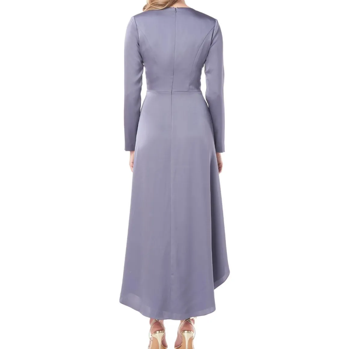 Kay Unger Helena Hi-Lo Gathered Charmeuse Long Sleeve Evening Dress