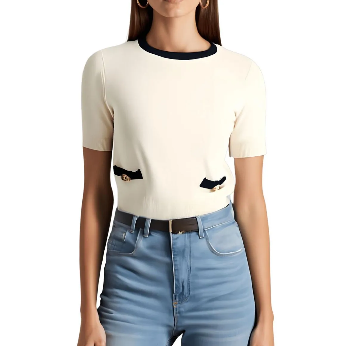 Knit Contrast Trim Crewneck Sweater