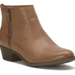 Leather Low Block Heel Almond Toe Ankle Bootie