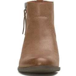 Leather Low Block Heel Almond Toe Ankle Bootie