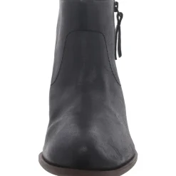 Leather Low Block Heel Almond Toe Ankle Bootie