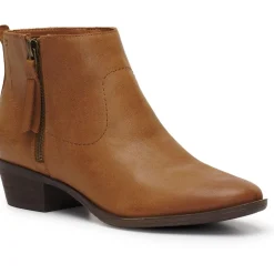 Leather Low Block Heel Almond Toe Ankle Bootie