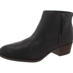 Leather Low Block Heel Almond Toe Ankle Bootie