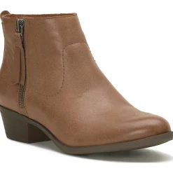 Leather Low Block Heel Almond Toe Ankle Bootie