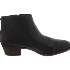 Leather Low Block Heel Almond Toe Ankle Bootie