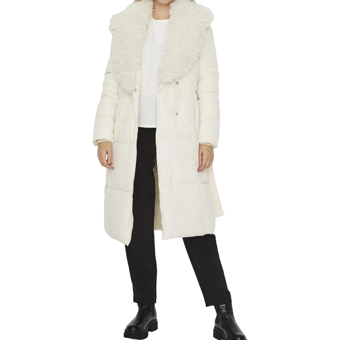 Long Quilted Maxi Wrap Puffer Coat with Faux Fur Collar