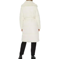 Long Quilted Maxi Wrap Puffer Coat with Faux Fur Collar