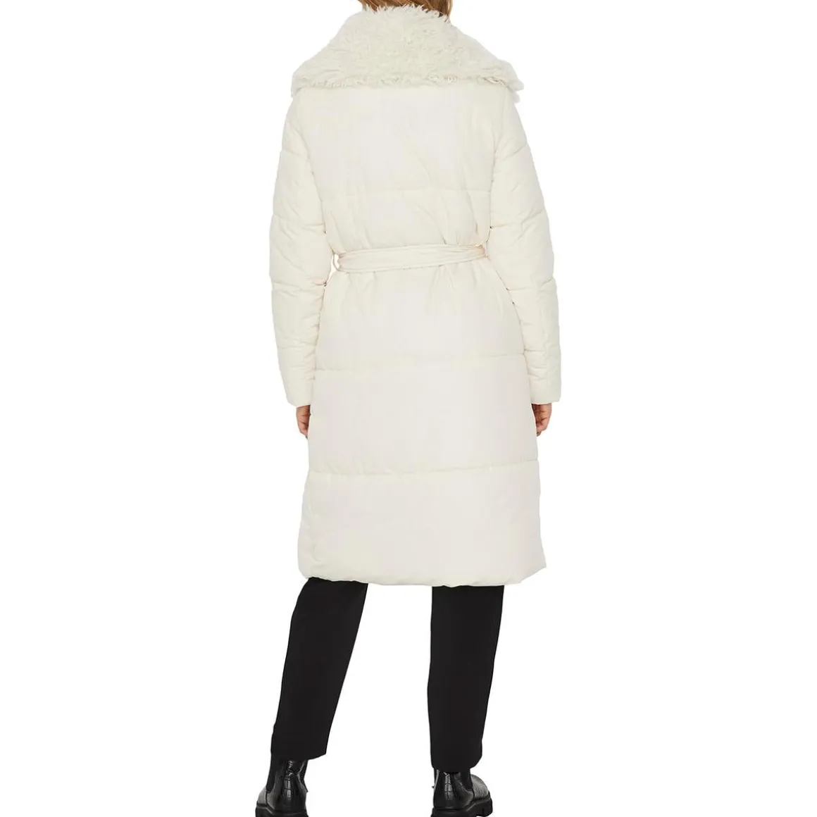 Long Quilted Maxi Wrap Puffer Coat with Faux Fur Collar