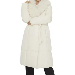 Long Quilted Maxi Wrap Puffer Coat with Faux Fur Collar