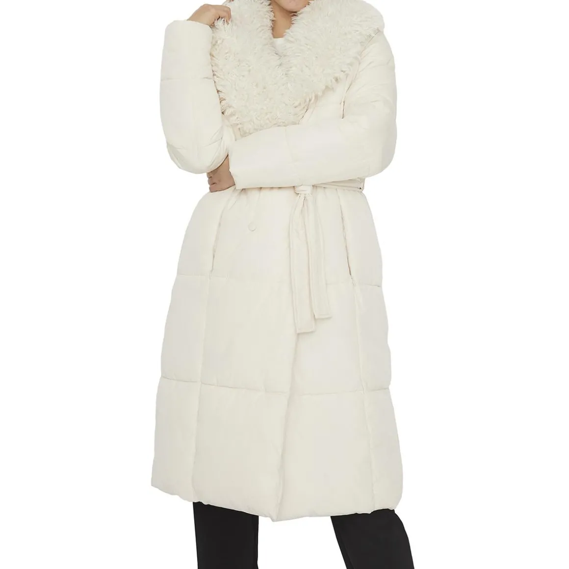 Long Quilted Maxi Wrap Puffer Coat with Faux Fur Collar