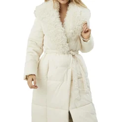 Long Quilted Maxi Wrap Puffer Coat with Faux Fur Collar