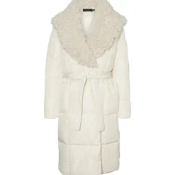 Long Quilted Maxi Wrap Puffer Coat with Faux Fur Collar