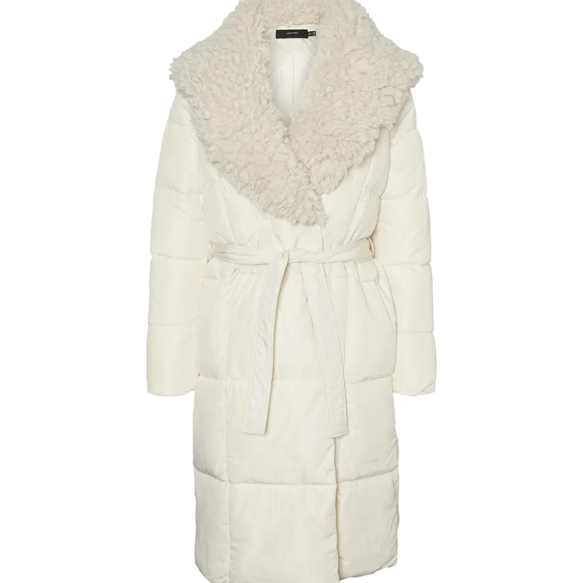 Long Quilted Maxi Wrap Puffer Coat with Faux Fur Collar
