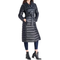 Long Quilted Winter Puffer Coat with Belted Waist