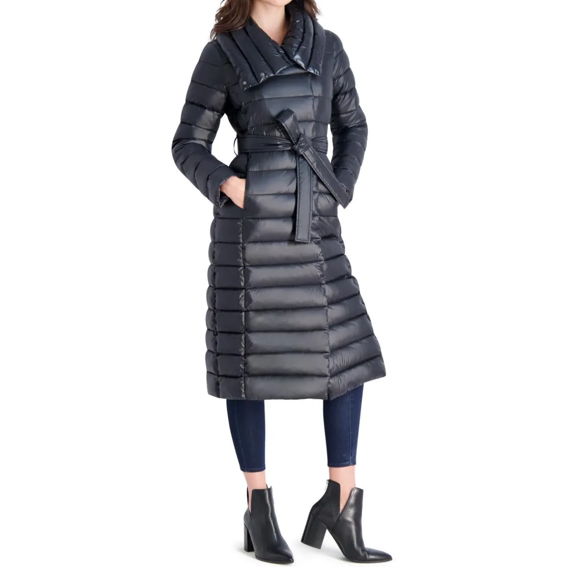 Long Quilted Winter Puffer Coat with Belted Waist