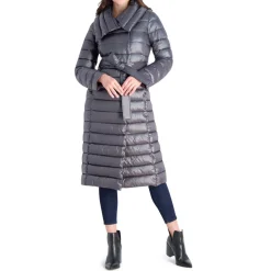 Long Quilted Winter Puffer Coat with Belted Waist