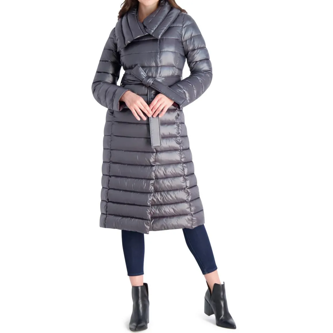 Long Quilted Winter Puffer Coat with Belted Waist
