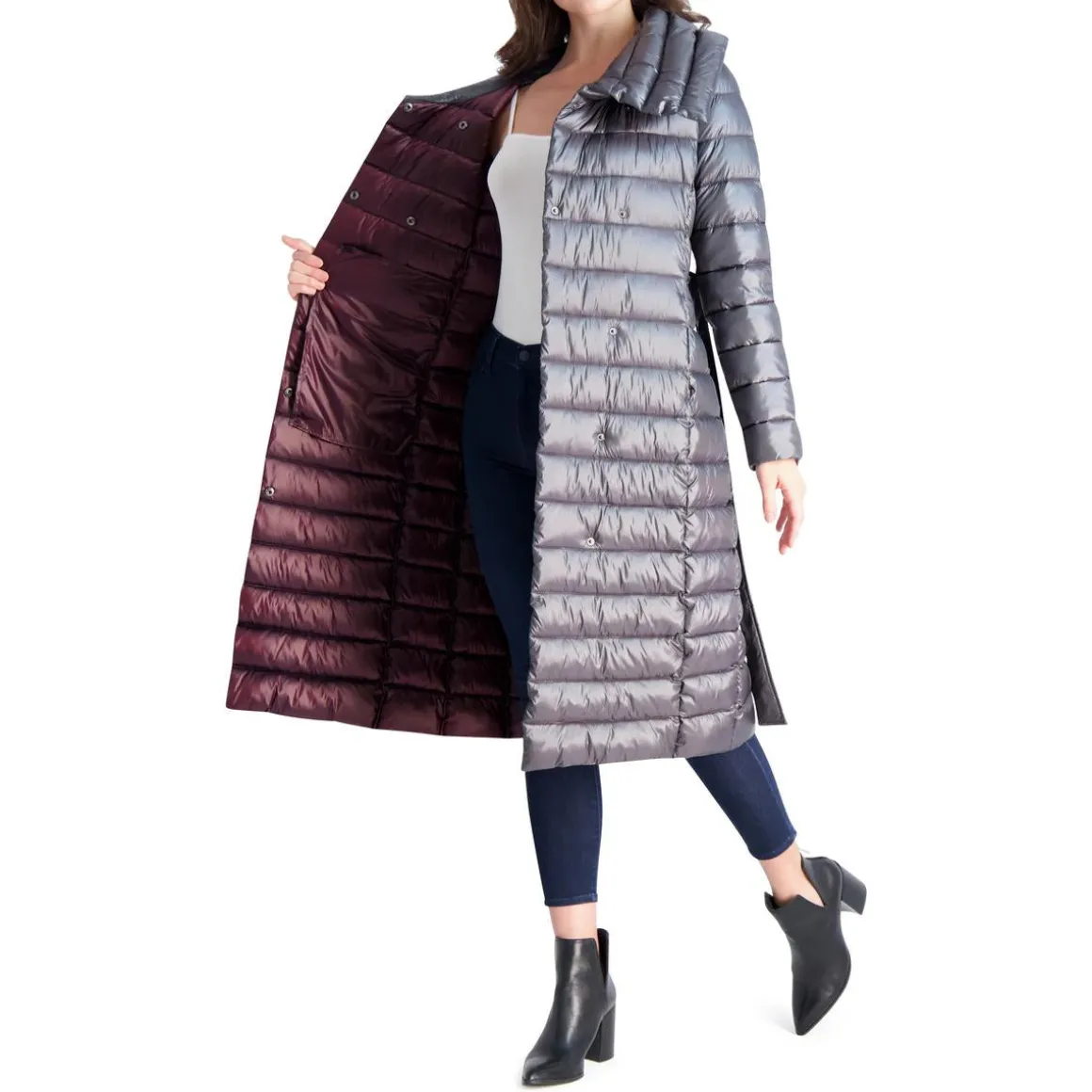 Long Quilted Winter Puffer Coat with Belted Waist