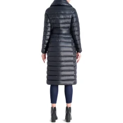Long Quilted Winter Puffer Coat with Belted Waist