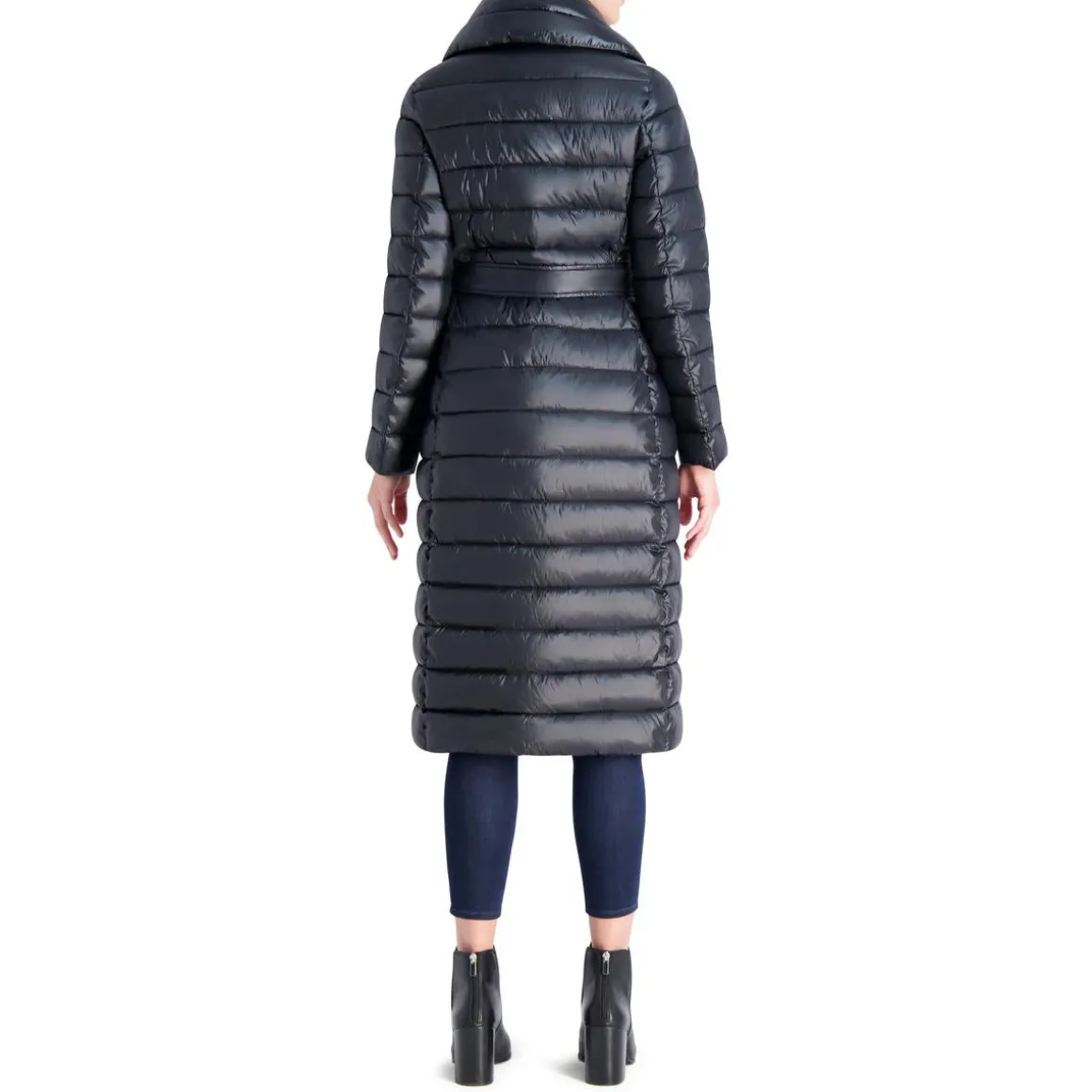 Long Quilted Winter Puffer Coat with Belted Waist