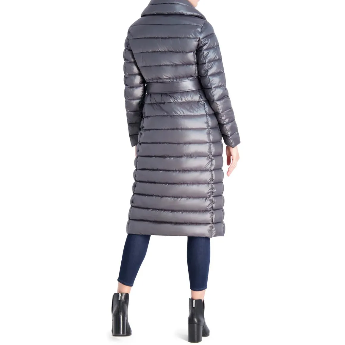 Long Quilted Winter Puffer Coat with Belted Waist