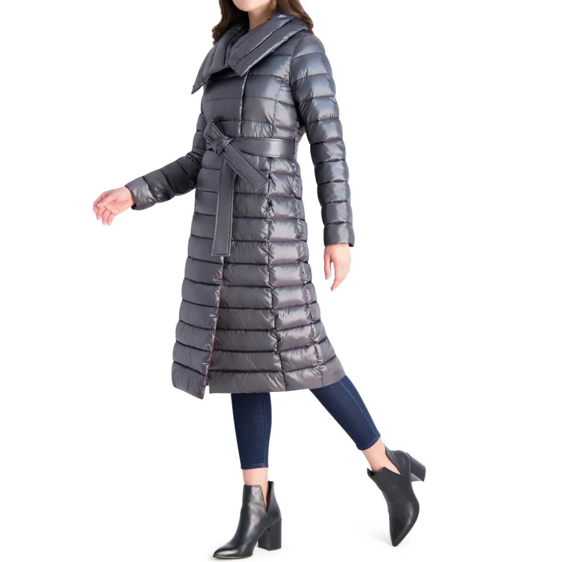 Long Quilted Winter Puffer Coat with Belted Waist