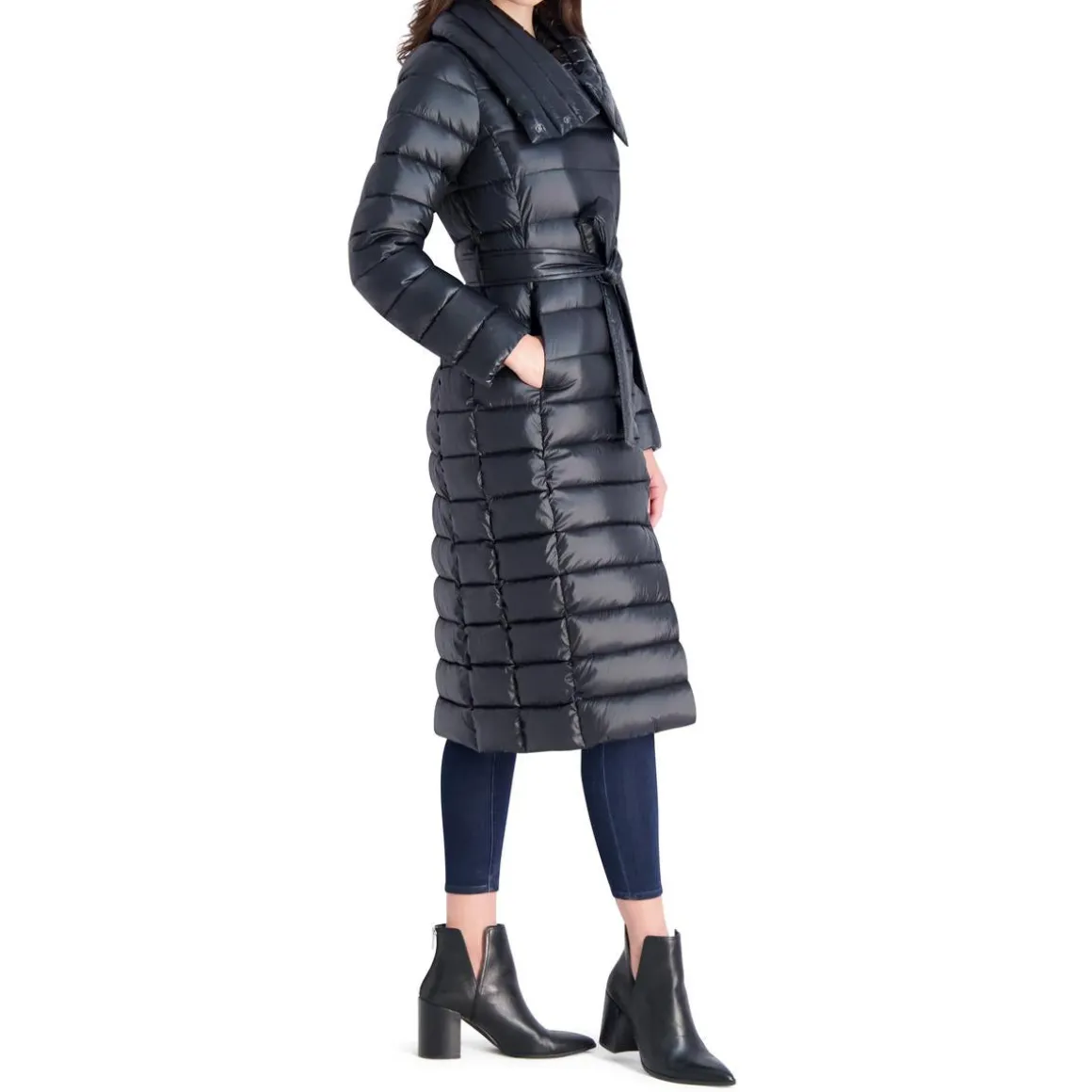 Long Quilted Winter Puffer Coat with Belted Waist