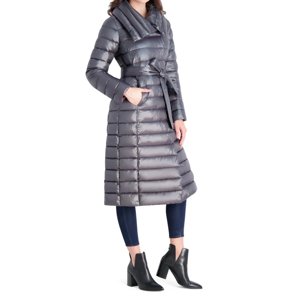 Long Quilted Winter Puffer Coat with Belted Waist