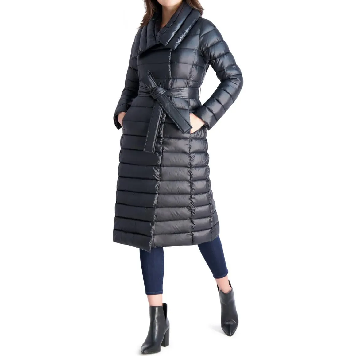 Long Quilted Winter Puffer Coat with Belted Waist