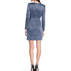 Metallic Padded Shoulder Wrap Dress