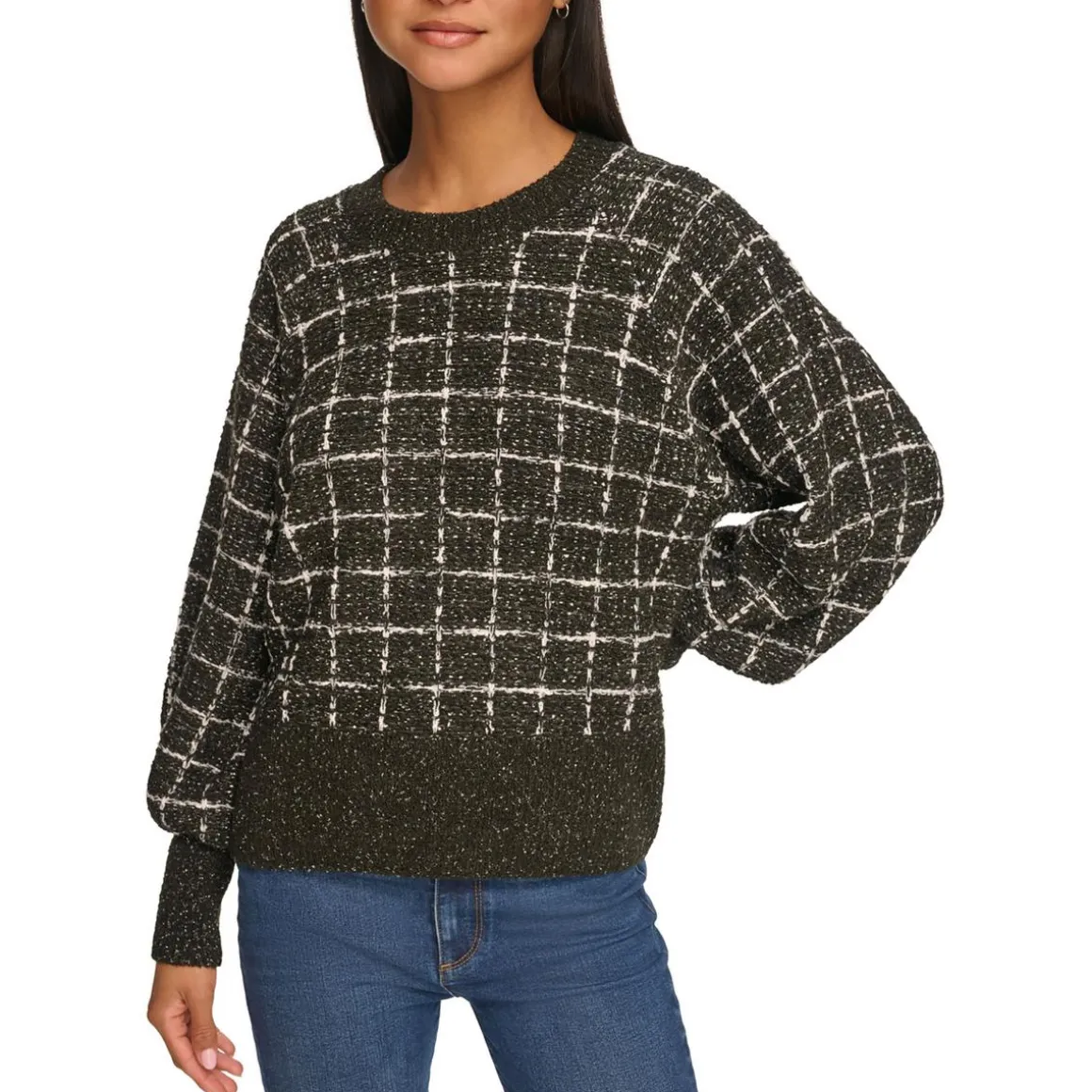 Metallic Plaid Crewneck Sweater