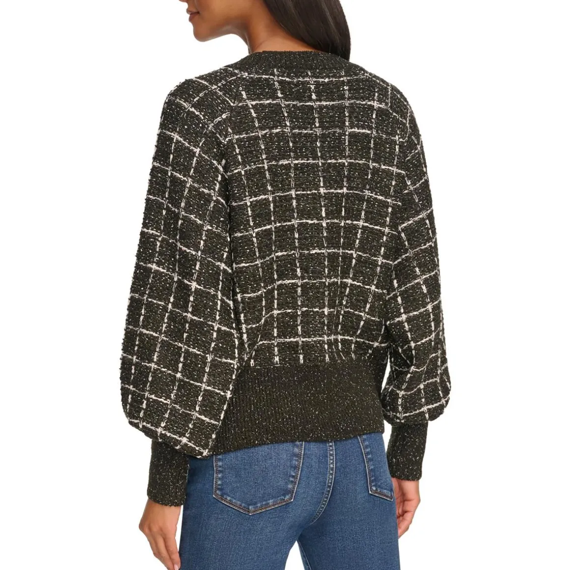 Metallic Plaid Crewneck Sweater