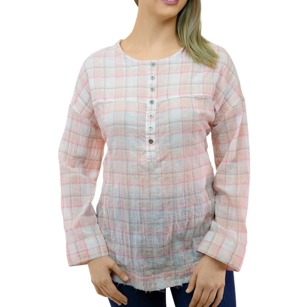 Mia Pucker Plaid Round Neck Tunic Top