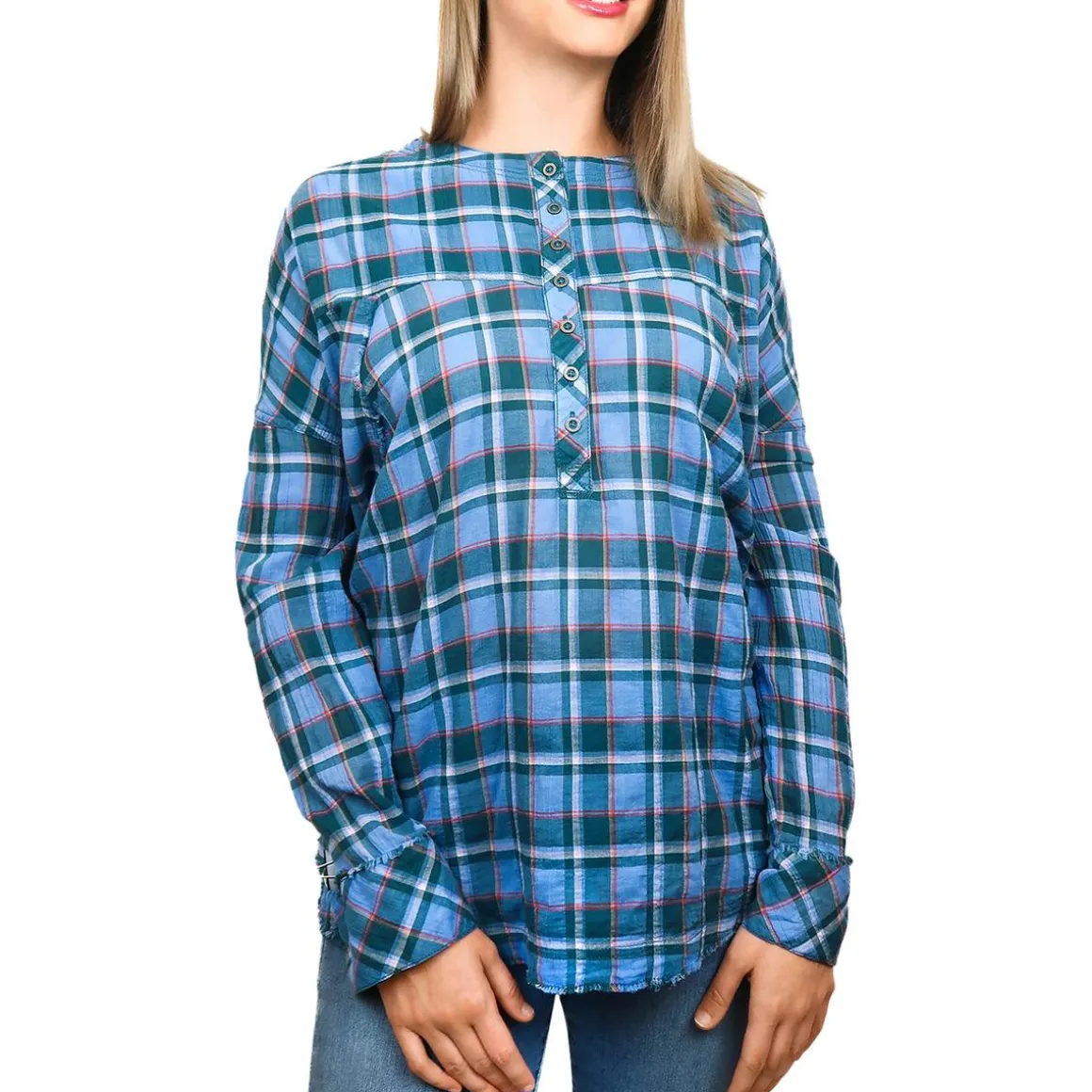Mia Pucker Plaid Round Neck Tunic Top