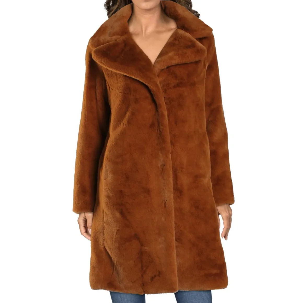 Mid-Length Faux Fur Coat with Notch Lapel