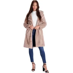Mid-Length Faux Fur Coat with Notch Lapel